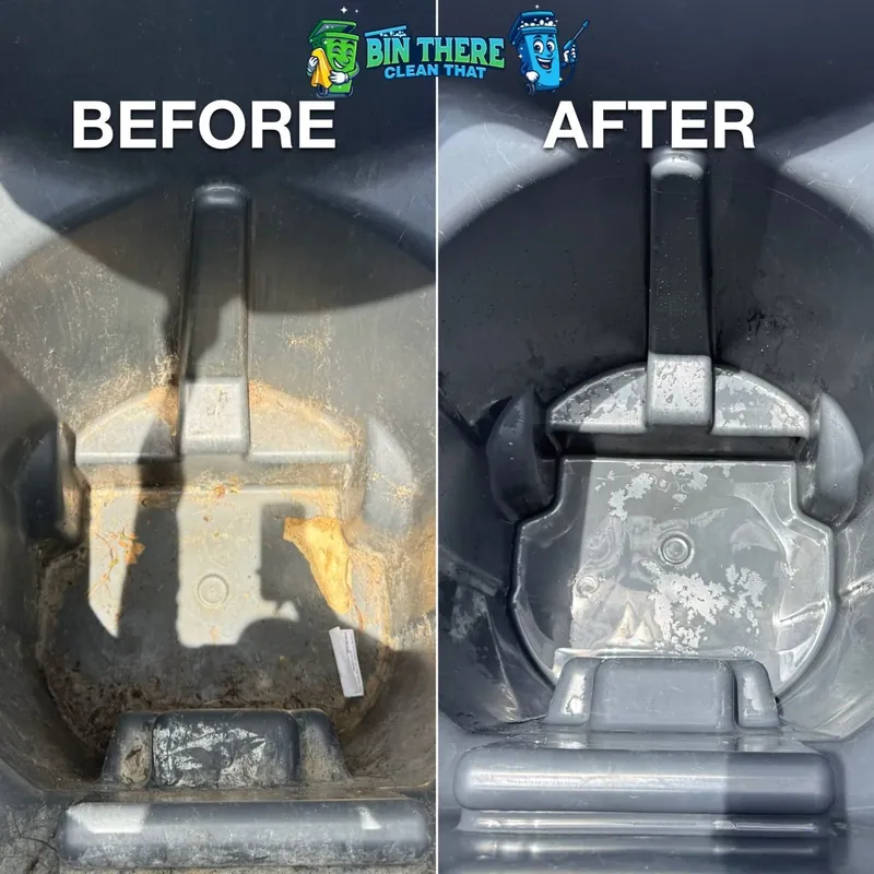 Gray trash bin stained with residue before, spotless after