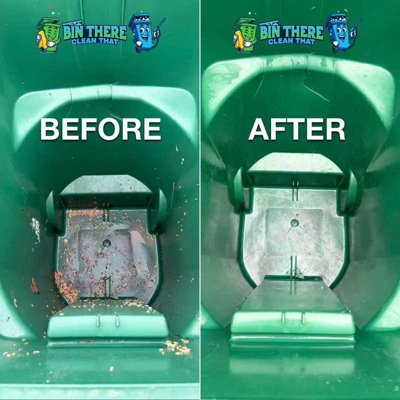 Residential trash bin interior, before and after cleaning