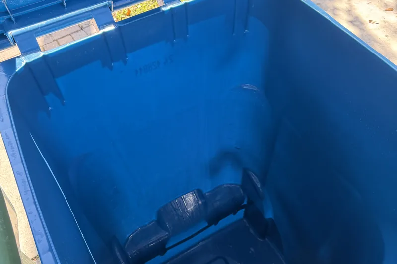 Looking down into a spotless blue bin after cleaning